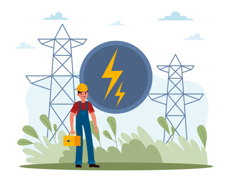 Electric power industry, green infrastructure of renewable energy sources. Professional electrician in uniform. High voltage powerlines and towers. Lightning sign. Vector cartoon conceptのイラスト素材