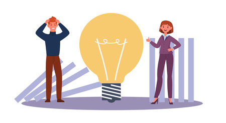 Proactive actions to prevent and control, forecasting process of business chain reaction. Man and woman with huge light bulb, success way to achieve goal. Vector cartoon flat conceptのイラスト素材