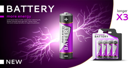 Realistic alkaline battery banner. 3d isolated object and blister packaging, electrical li ion product, power conduction, promo banner template, purple lightning, utter vector conceptのイラスト素材