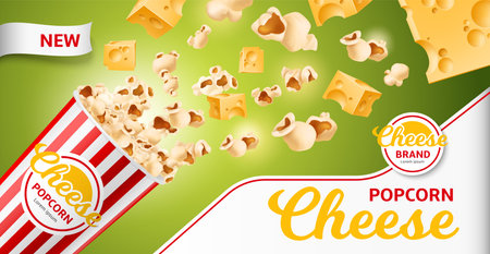 Realistic cheese product poster. 3d popcorn flying out of bucket with gouda cheese flavor, salty air snack, fast food, promo horizontal banner template and copy space, utter vector conceptのイラスト素材
