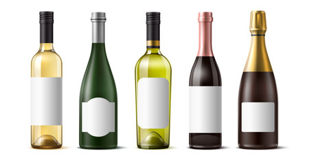 Realistic wine bottles. 3d isolated glass grape alcohol containers, different shapes drink packaging mockups, clean labels, red white and rose beverages, vine and champagne, utter vector setのイラスト素材