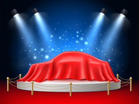 Red silk car covered. Realistic secret gift hidden under cloth, textile drapery, surprise on round podium with blue spotlights, presentation stage, marketing presentation, utter vector conceptのイラスト素材