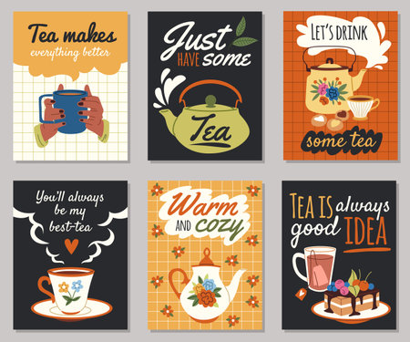 Tea time menu cards. Cute breakfast posters with funny hand drawn text, hot drinks and different sweets and desserts, cozy home feast, cafe or restaurant decor tidy vector cartoon setのイラスト素材