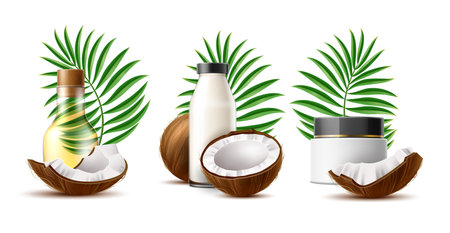 Coconut products compositions. Realistic oil in transparent glass bottle, cream in plastic jar with lid and milk, palm leaves, pieces and halves of nuts, 3d isolated elements. Utter vector setのイラスト素材