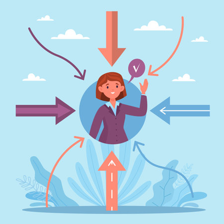 Customer oriented approach to buyer. Woman portrait icon and arrows in target, focus on client, marketing strategy, satisfied buyer and good reviews as goal. Vector cartoon flat conceptのイラスト素材