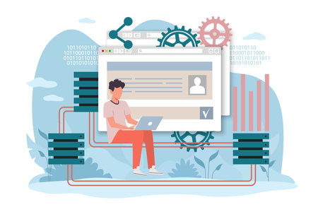 Database, hardware hosting, sharing disk space for file storage. Programmer with laptop, backup disk. Cloud technology, computing infrastructure. Vector cartoon flat isolated conceptのイラスト素材