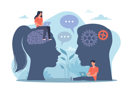 Natural language processing or Neuro-linguistic programming, artificial intelligence technology. Head with brains and gears, people study online. Vector cartoon flat nlp conceptのイラスト素材