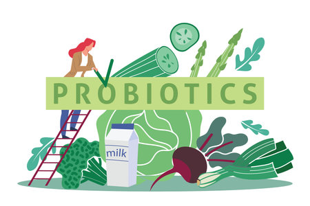 Probiotics, intestinal flora, healthy food. Tiny woman on ladder and huge green vegetables, cabbage beets and milk, dairy products for good body functioning. Vector cartoon flat conceptのイラスト素材