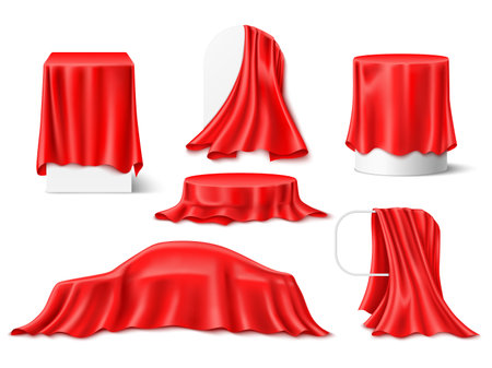 Red silk cloth covered objects. Realistic textile draperies, fabrics with folds on pedestals and frames, hidden surprise, presentation stages collection, 3d isolated objects utter vector setのイラスト素材