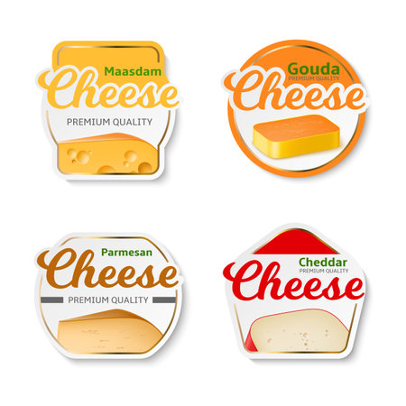 Realistic cheese labels. Different shapes product packaging stickers, various varieties, chunk of maasdam and gouda, parmesan and cheddar, simple package milk products utter vector isolated setのイラスト素材