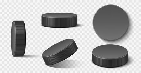 Realistic ice hockey puck. Black rubber puck in different positions, sport inventory for winter team game on skating rink, 3d front and side view on transparent background utter vector setのイラスト素材