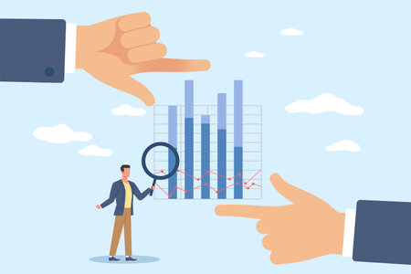 Research business development data by scaling down, review of statistics. Marketing analysts developing strategy, man studying infographics on dashboard. Vector cartoon flat conceptのイラスト素材