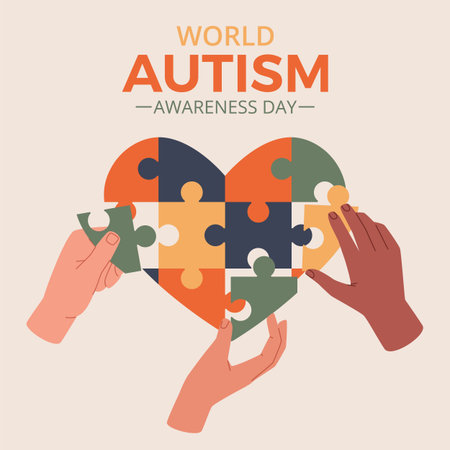 Hands autism day poster. Nervous system disease, hands assemble color puzzle, self isolation syndrome, real world. Social difficulty, disability or disorder. Healthcare nowaday vector conceptのイラスト素材
