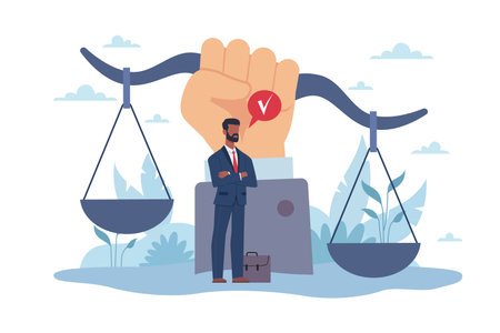 Legal support, social justice, equal rights. Tiny businessman or professional lawyer consultant and huge law scales, human protection. Jurist character. Vector cartoon flat conceptのイラスト素材