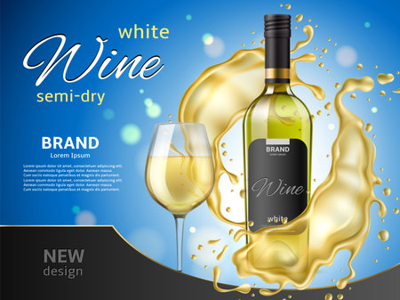 Realistic white wine splashes poster. Drink explosion, wineglass and glass bottle with grape alcohol, 3d closed flask, copy space for text, advertising banner template, utter vector conceptのイラスト素材