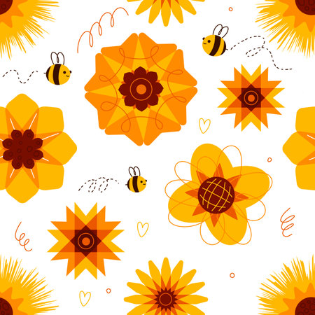 Cartoon sunflower seamless pattern. Cute honey bees with decorative sunny flowers, insects and oilseeds plants, summer print. Decor textile, wrapping paper, wallpaper swanky vector backgroundのイラスト素材