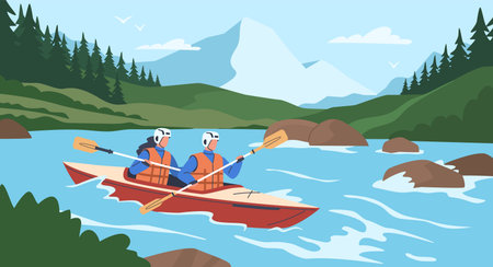 Extreme people. Rafting and kayaking sport, couple in boat, stormy river, adrenaline release, canoeing athletes, man and woman with oars, active leisure nowaday vector cartoon conceptのイラスト素材