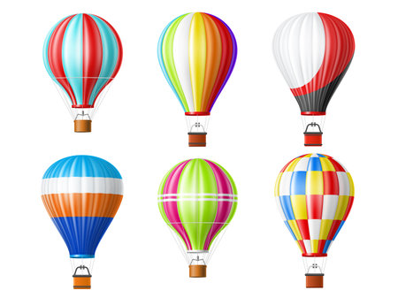 Realistic airship. 3d isolated hot air balloons with baskets, multicolor sky transport, inflatable fly aerial objects with colorful patterns, vintage aviation, flying vehicles utter vector setのイラスト素材