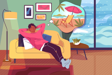 Dreaming character. Guy in living room interior, thinking about summer beach vacation, winter snow weather outside window, character with thought bubble tidy vector cartoon flat conceptのイラスト素材