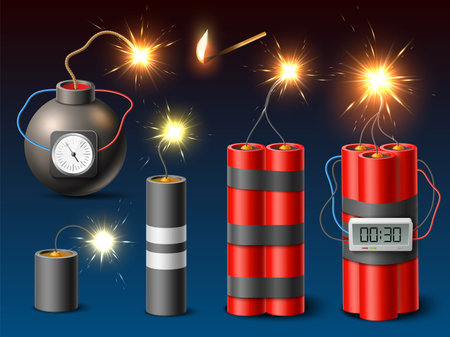 Dynamite with burning wicks. Realistic different types explosives, dynamite and bombs with clockwork mechanisms, weapon 3d elements. Equipment with detonator for destroying, utter vector setのイラスト素材