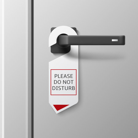 Realistic door handle hanger. Hotel cardboard hanger mockup, do not disturb, metal straight handle, interior accessory, blank paper label. 3d isolated objects, utter vector conceptのイラスト素材