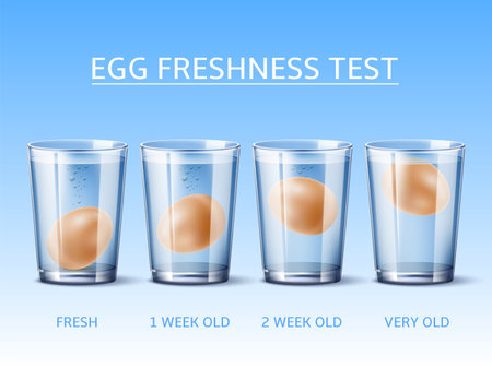 Realistic egg freshness test. Hen egg floating in glass with water, physical experience, fresh or bad product control, ingredient quality experiment, 3d isolated elements, utter vector conceptのイラスト素材