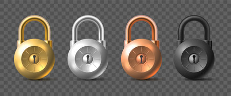 Realistic padlock. Different metal colors door locks, golden steel, bronze and black, 3d isolated elements, open and close. Confidentiality and security concept, utter vector keyholes setのイラスト素材