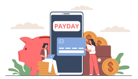 Payday. Loan repayment time, happy employees with plastic bank card, huge coins and smartphone and tiny people, remote online payments, investment income, nowaday vector cartoon conceptのイラスト素材