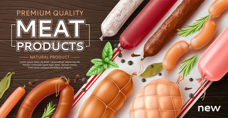 Realistic meat poster. Different types sausages advertising banner, smoked and boiled, ham and gourmet salami, natural products, farmer shop, 3d isolated elements, utter vector conceptのイラスト素材