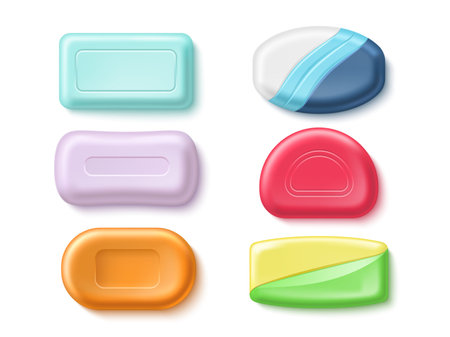 Realistic soap bars. 3d isolated toiletries, antibacterial body wash pieces different forms and colors, skin care hygiene cleanser product. Cosmetic hand washing mockup utter vector setのイラスト素材