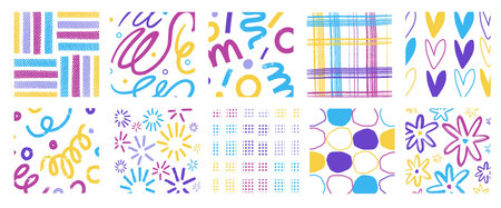 Doodle textures. Different abstract patterns collection, funny colorful decorations, creative...