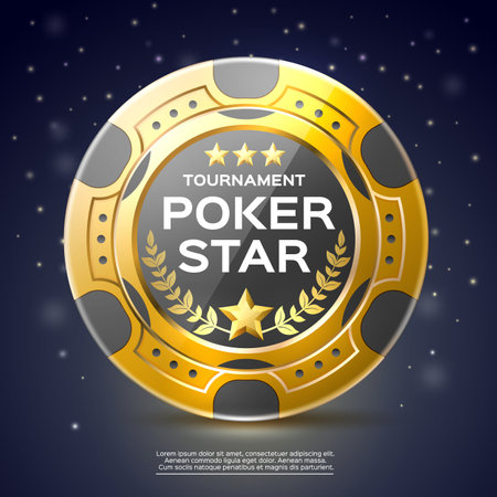 Realistic poker poster. Golden game chip, gambling advertising banner, luxury promo casino invitation, round game token, 3d isolated element night sky background, utter vector conceptのイラスト素材