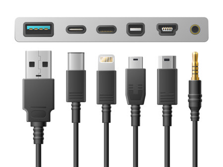 Realistic usb types. Smartphone ports, cables with different socket, digital devices connectors, 3d gadgets communications. Mini and micro lightning, computer cable connector utter vector setのイラスト素材