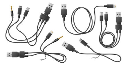 Realistic adapter cables. Black flexible wires with usb different types connectors, curved electronic chargers adapters, 3d elements. Mini and micro lightning, microusb utter vector setのイラスト素材