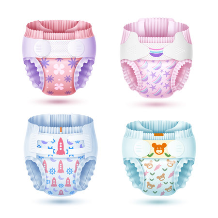 Baby diapers design. Realistic cotton absorbent panties , different kids patterns, girly and boyish colors, 3d isolated objects, new born body care and hygiene product, utter vector setのイラスト素材