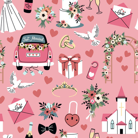 Cartoon wedding seamless pattern. Engagement party elements, bride and groom accessories, rings and dove, love symbols, church and car, festive cake. Decor textile, tidy vector backgroundのイラスト素材