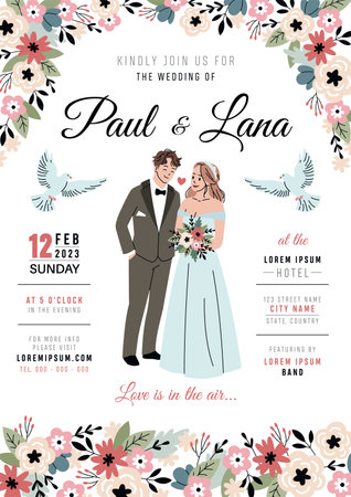 Cute bride and groom. Invitation wedding ceremony poster design, couple in love, newlyweds romantic party, official event, card template, tidy vector cartoon flat style isolated conceptのイラスト素材