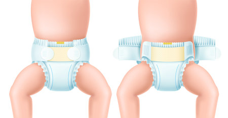 Changing diapers steps. Newborn baby body, kids absorbic cotton panties usage instructions, fasteners, children skincare, hygiene product, 3d isolated object utter vector conceptのイラスト素材