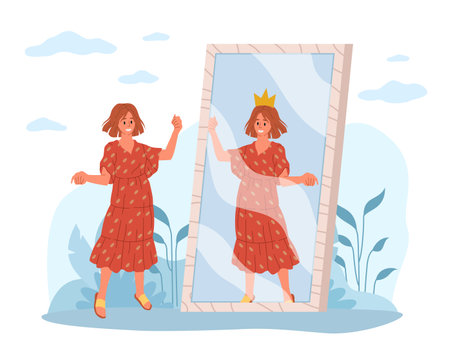 Human behavior in self love, narcissism and confidence, egocentric attitude, importance of lifestyle of beauty. Woman in crown in reflection of mirror. Vector cartoon flat isolated conceptのイラスト素材
