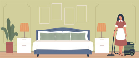 Maid cleaning hotel room. Flat style house maid doing job, woman with vacuum cleaner in uniform, suite room interior, janitor with vacuum cleaner. Housekeeper nowaday vector conceptのイラスト素材