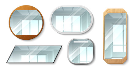 Different geometric shapes mirrors. Realistic interior objects in metal and wooden frames various forms, round oval and square, wall mounted reflective glasses, 3d elements utter vector setのイラスト素材