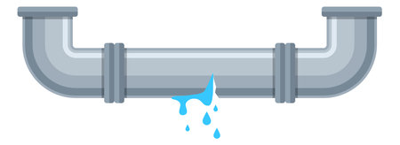 Leaking pipe. Water drops, broken sewer, plastic pipeline with leakage problem. Plumber repair service element. Single object isolated. Vector cartoon flat style illustrationのイラスト素材