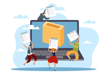 Online voting, computer screen, voting box, happy adult voters with documents, modern electronic voting system for government rules and public projects. Vector cartoon flat conceptのイラスト素材
