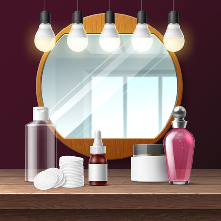 Realistic makeup mirror. Salon round mirror in wooden frame and light bulbs illumination, dressing room, vanity table with parfum and cream, lotion and cotton pads, utter vector conceptのイラスト素材