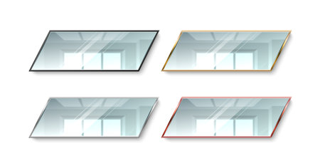 Realistic mirrors colors frames. Different metal frames, gold, silver and bronze, blurry glass reflection, modern home wall hanging decor, trapezoid form 3d element, utter vector interior setのイラスト素材