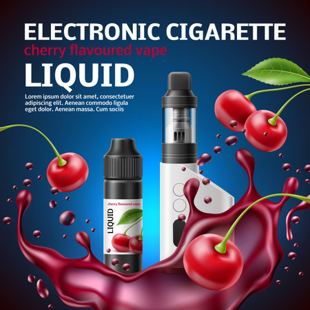 Realistic vape shop poster. 3d electronic cigarette with cherry taste liquid, juicy berries and splash, vaporizer marketing banner, 3d isolated elements advertising template utter vector conceptのイラスト素材