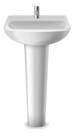 Realistic wash sink. 3d bathroom object. Ceramic white washbasin and metal faucet tap, stylish restroom interior element, empty mockup design. Porcelain washstand. Vector isolated illustrationのイラスト素材