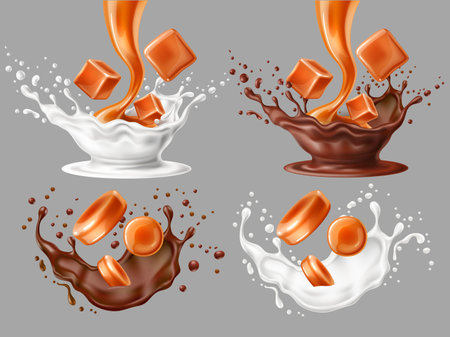 Melt caramel splashes. Realistic toffees pieces with milk and chocolate taste, flying liquid droplets, sweet mix candies, round candies and cubes, 3d isolated elements utter vector setのイラスト素材