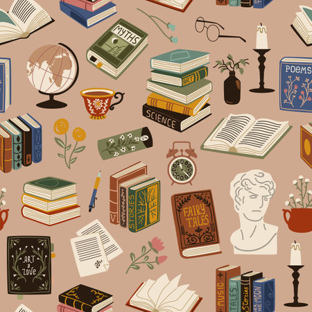 Books seamless pattern. Vintage cozy elements, printed publications, volumes of literature, retro library flying objects. Decor textile, wrapping paper, wallpaper. Tidy vector backgroundのイラスト素材
