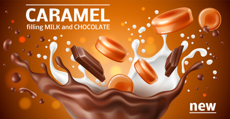 Realistic caramel poster. 3d round candies and cubes, sweet chocolate and milk splashes, sweet toffee desserts advertisement, melted sugar pieces, marketing banner, utter vector conceptのイラスト素材